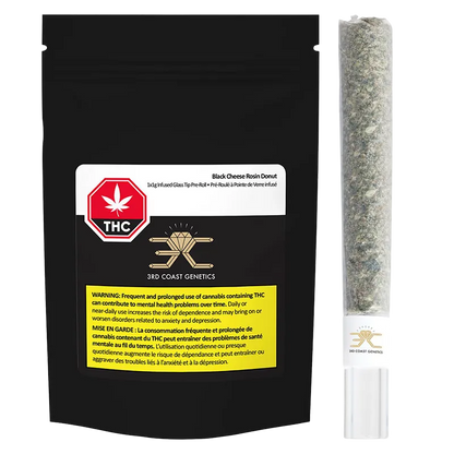 Black Cheese Rosin Donut Glass Tip Infused PR 1 x 1 g shown front-on: black resealable pouch beside a clear glass-tip pre-roll.