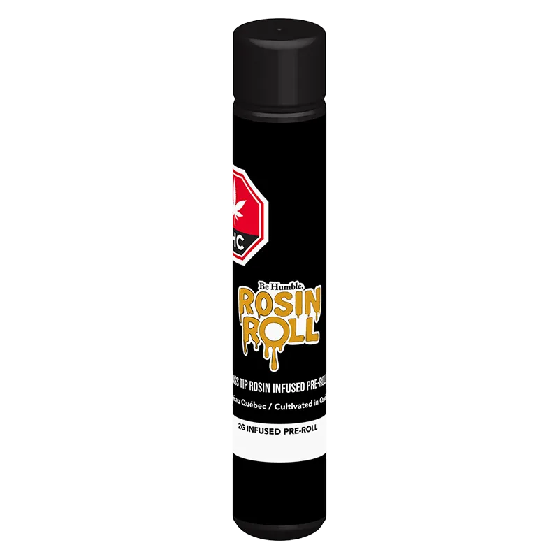 Tall front view of a black tube labeled "Rosin Roll Glass Tip Infused PR 1 x 2 g" standing against a white background.