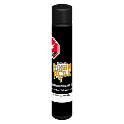 Tall front view of a black tube labeled "Rosin Roll Glass Tip Infused PR 1 x 2 g" standing against a white background.