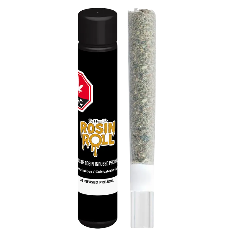Studio-style front view of the Rosin Roll Glass Tip Infused PR 1 x 2 g showing the black branded tube next to a clear-tipped pre-roll on a white background.