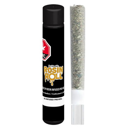 Studio-style front view of the Rosin Roll Glass Tip Infused PR 1 x 2 g showing the black branded tube next to a clear-tipped pre-roll on a white background.