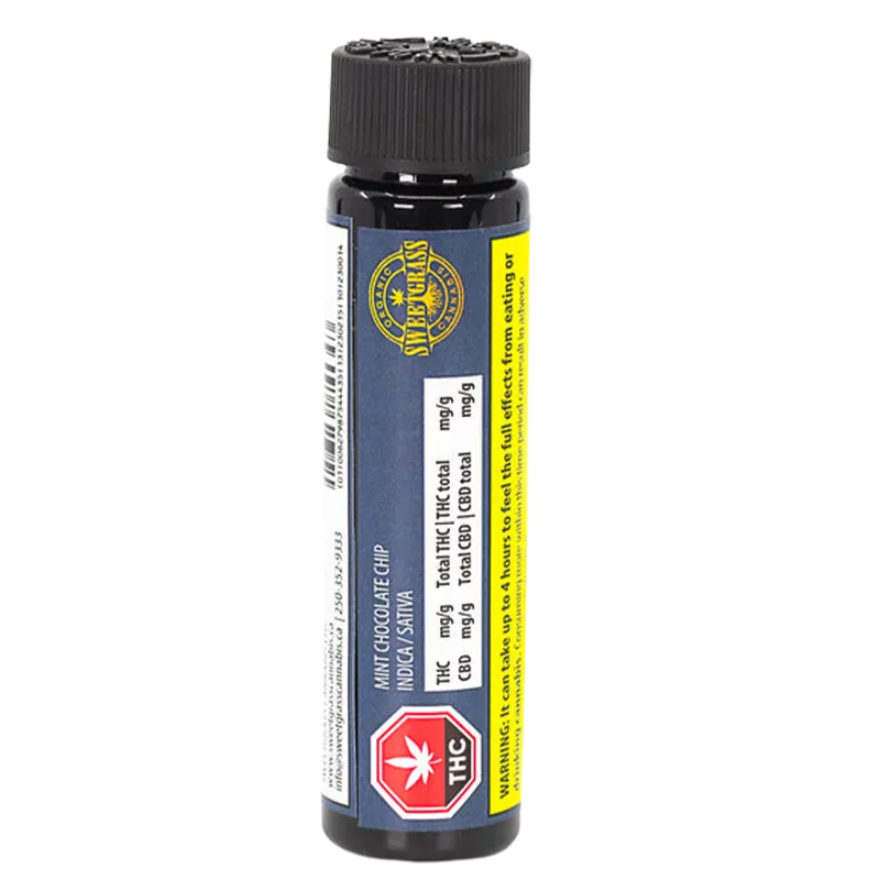 Centered front view of the tall black vial labeled Organic Mint Chocolate Chip Hash Infused PR 1 x 1 g with blue and yellow product labels.