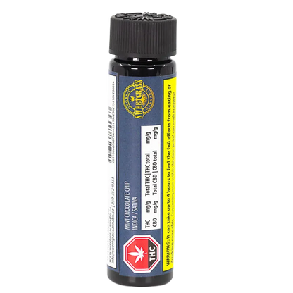 Centered front view of the tall black vial labeled Organic Mint Chocolate Chip Hash Infused PR 1 x 1 g with blue and yellow product labels.