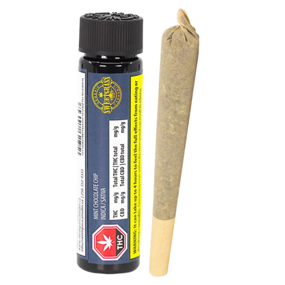 Studio-lit vertical shot of a labeled black tube and a rolled joint for Organic Mint Chocolate Chip Hash Infused PR 1 x 1 g.