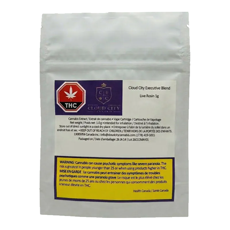 Front-facing shot of the 2026 Executive Blend Live Rosin white resealable pouch with a purple logo panel, THC stop sign icon, and a yellow warning box.