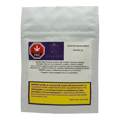Front-facing shot of the 2026 Executive Blend Live Rosin white resealable pouch with a purple logo panel, THC stop sign icon, and a yellow warning box.