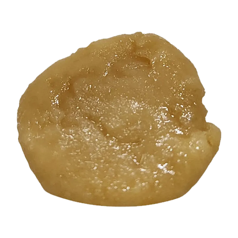 Top-down close-up of a glossy, pale amber dab of 2026 Executive Blend Live Rosin showing its textured, slightly irregular surface