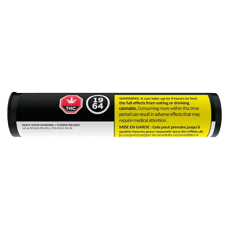 Horizontal studio shot of the black cylindrical Heavy Hitter Diamond + Flower Infused PR 1 x 0.5 g tube with a yellow warning panel and THC emblem.