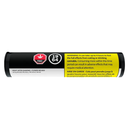 Horizontal studio shot of the black cylindrical Heavy Hitter Diamond + Flower Infused PR 1 x 0.5 g tube with a yellow warning panel and THC emblem.
