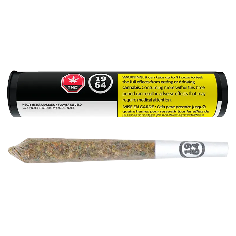 Close-up horizontal view of a rolled pre-roll and its black-and-yellow tube packaging for Heavy Hitter Diamond + Flower Infused PR 1 x 0.5 g.