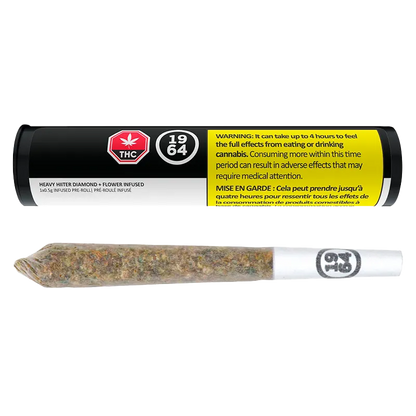 Close-up horizontal view of a rolled pre-roll and its black-and-yellow tube packaging for Heavy Hitter Diamond + Flower Infused PR 1 x 0.5 g.