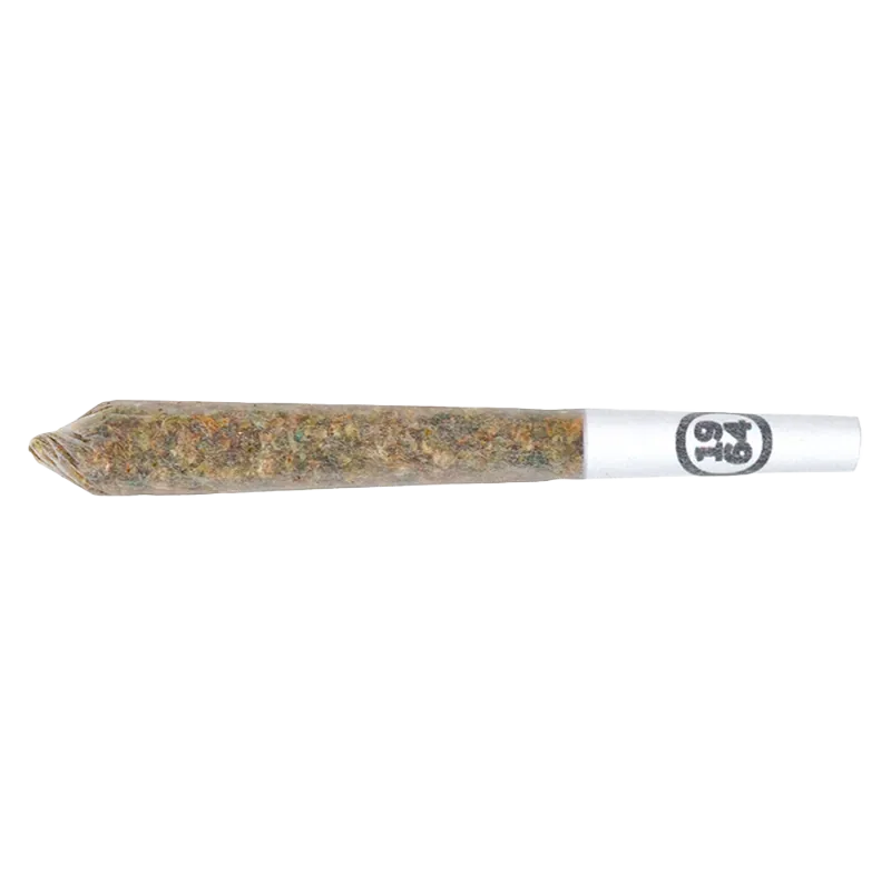Side-on view of a rolled joint with a white filter stamped with a circular logo, labeled Heavy Hitter Diamond + Flower Infused PR 1 x 0.5 g.