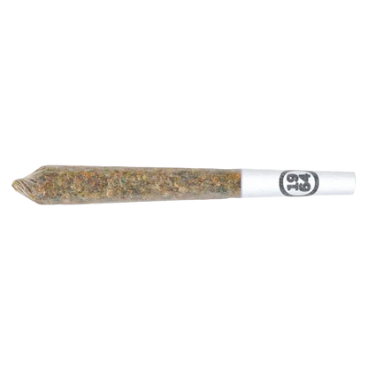 Side-on view of a rolled joint with a white filter stamped with a circular logo, labeled Heavy Hitter Diamond + Flower Infused PR 1 x 0.5 g.