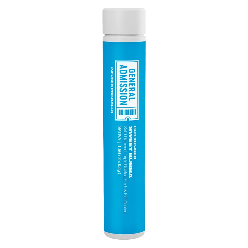 Tall front view of the bright blue tube labeled Sweet Bubba Hi-Fi Infused PR 3 x 0.5 g with a white cap on a white background