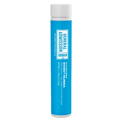 Tall front view of the bright blue tube labeled Sweet Bubba Hi-Fi Infused PR 3 x 0.5 g with a white cap on a white background