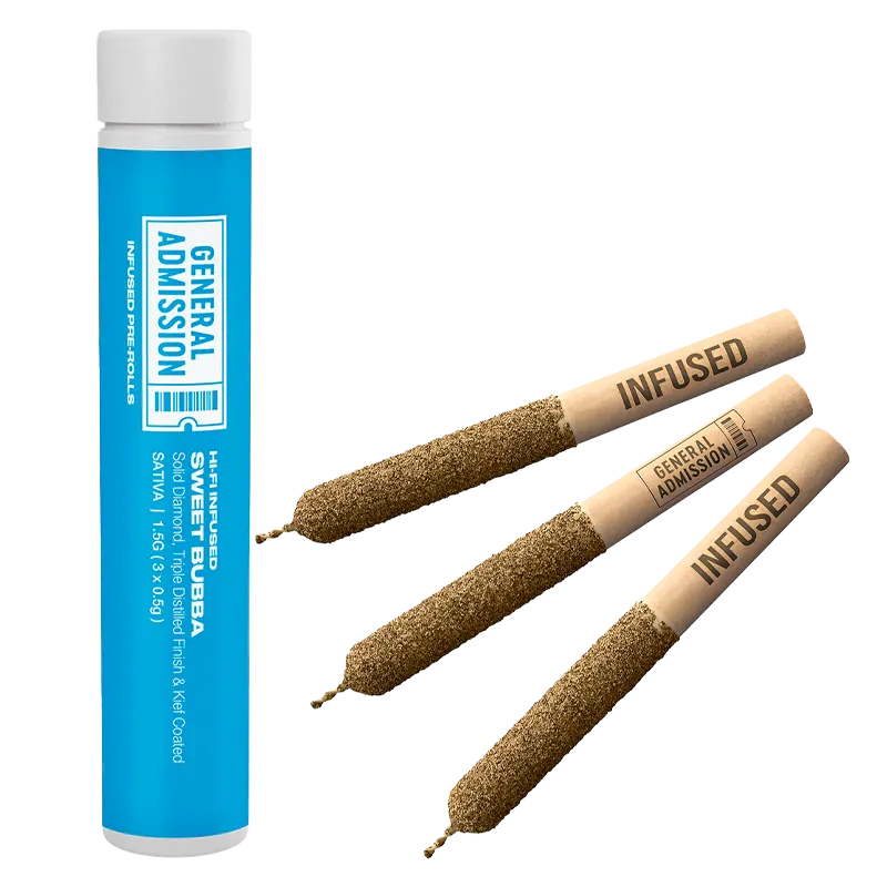 Three angled Sweet Bubba Hi-Fi Infused PR 3 x 0.5 g pre-rolls with brown kief-coated bodies and tan tips beside a vertical blue Sweet Bubba Hi-Fi Infused PR 3 x 0.5 g tube.