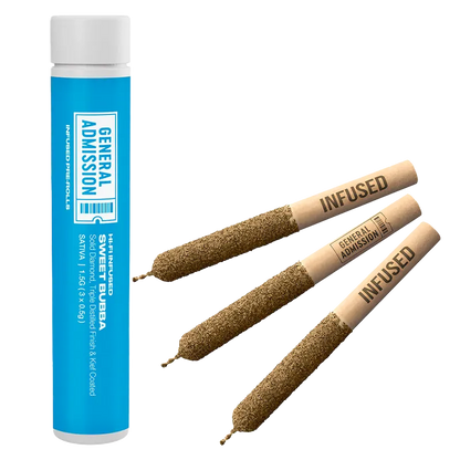 Three angled Sweet Bubba Hi-Fi Infused PR 3 x 0.5 g pre-rolls with brown kief-coated bodies and tan tips beside a vertical blue Sweet Bubba Hi-Fi Infused PR 3 x 0.5 g tube.