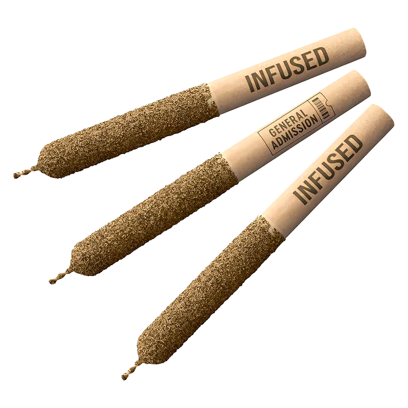 Three angled Sweet Bubba Hi-Fi Infused PR 3 x 0.5 g pre-rolls on a white background, each labeled "INFUSED" with the middle wrapper showing a "General Admission" stamp.