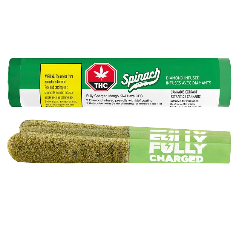 Side view of a green Spinach tube and three kief-coated pre-rolls for Fully Charged Mango Kiwi Haze CBC Infused PR 3 x 0.5 g.