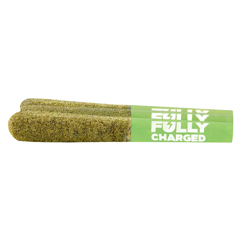 Side view of three green, kief-coated pre-rolls labeled Fully Charged Mango Kiwi Haze CBC Infused PR 3 x 0.5 g aligned on a white background