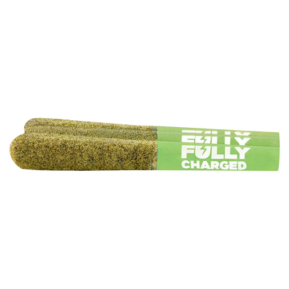Side view of three green, kief-coated pre-rolls labeled Fully Charged Mango Kiwi Haze CBC Infused PR 3 x 0.5 g aligned on a white background