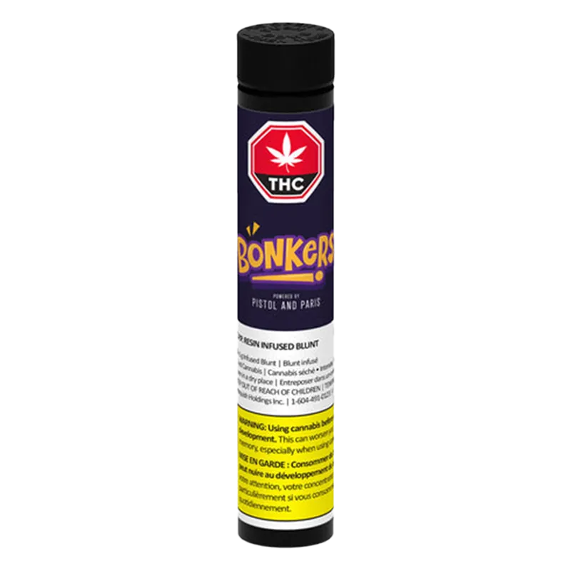 Straight-on product shot of a cylindrical tube labeled O.P.P. Resin Infused Blunt PR 1 x 1 g with purple branding, warning text block, and black cap.
