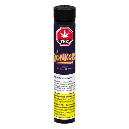 Straight-on product shot of a cylindrical tube labeled O.P.P. Resin Infused Blunt PR 1 x 1 g with purple branding, warning text block, and black cap.