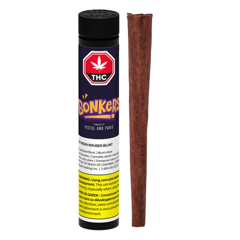 Straight-on view of an upright O.P.P. Resin Infused Blunt PR 1 x 1 g tube with purple label beside a single brown blunt.