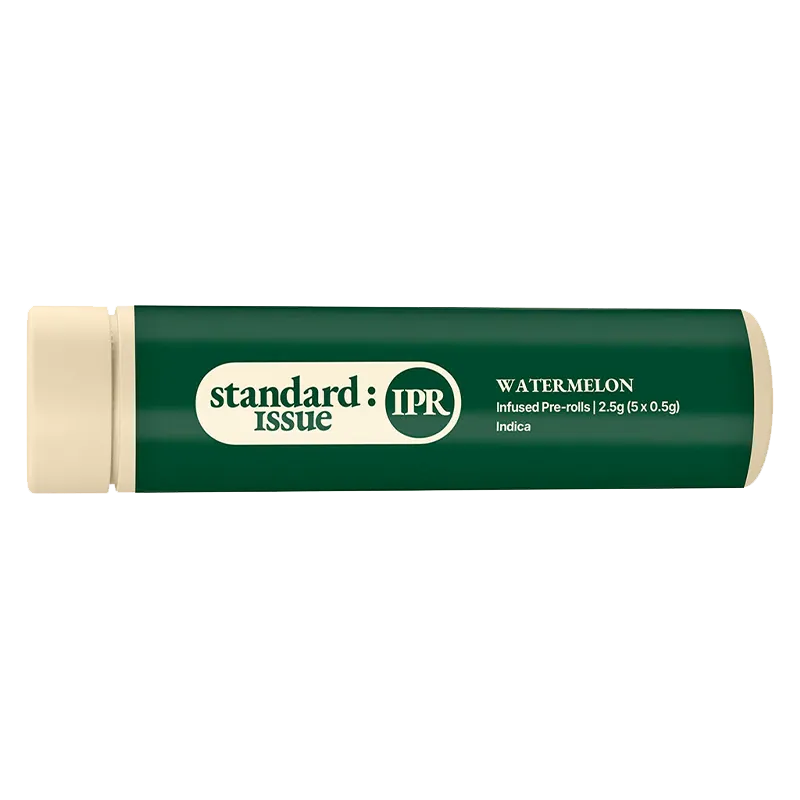 Horizontal studio shot of the Watermelon Infused PR 5 x 0.5 g tube, showing its dark green label with cream caps and centered "standard : IPR" logo.