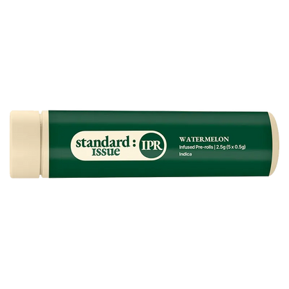 Horizontal studio shot of the Watermelon Infused PR 5 x 0.5 g tube, showing its dark green label with cream caps and centered "standard : IPR" logo.