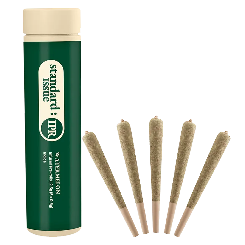 A front-facing shot of the Watermelon Infused PR 5 x 0.5 g tube upright beside six evenly spaced pre-rolled cones on a white background.