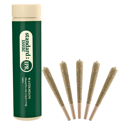 A front-facing shot of the Watermelon Infused PR 5 x 0.5 g tube upright beside six evenly spaced pre-rolled cones on a white background.