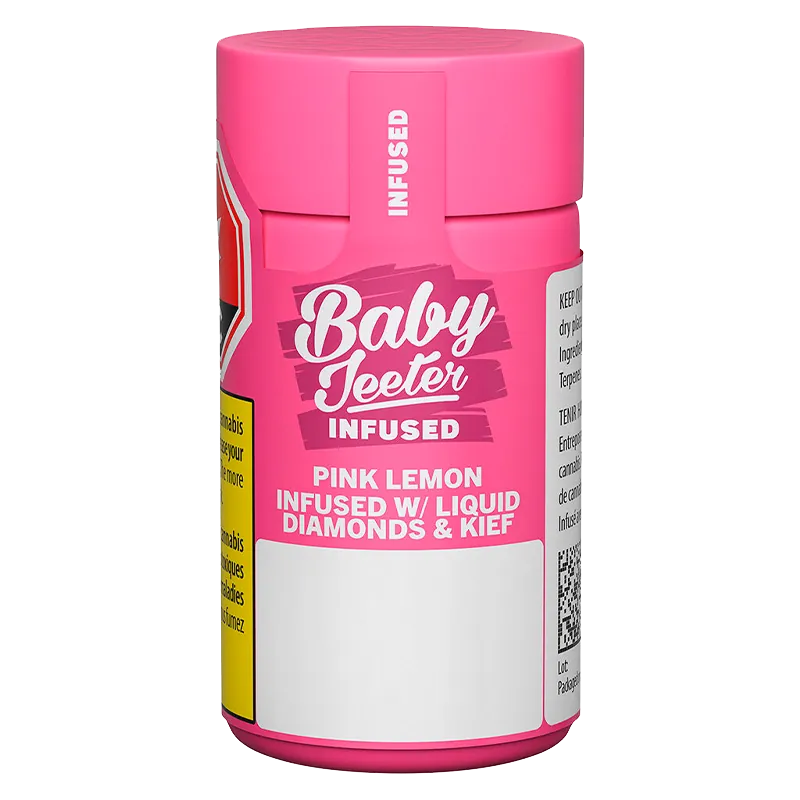 Front-facing studio shot of the Baby Jeeter Pink Lemon Infused PR 5 x 0.5 g pink container with bold white logo and label.
