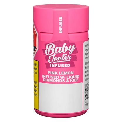 Front-facing studio shot of the Baby Jeeter Pink Lemon Infused PR 5 x 0.5 g pink container with bold white logo and label.