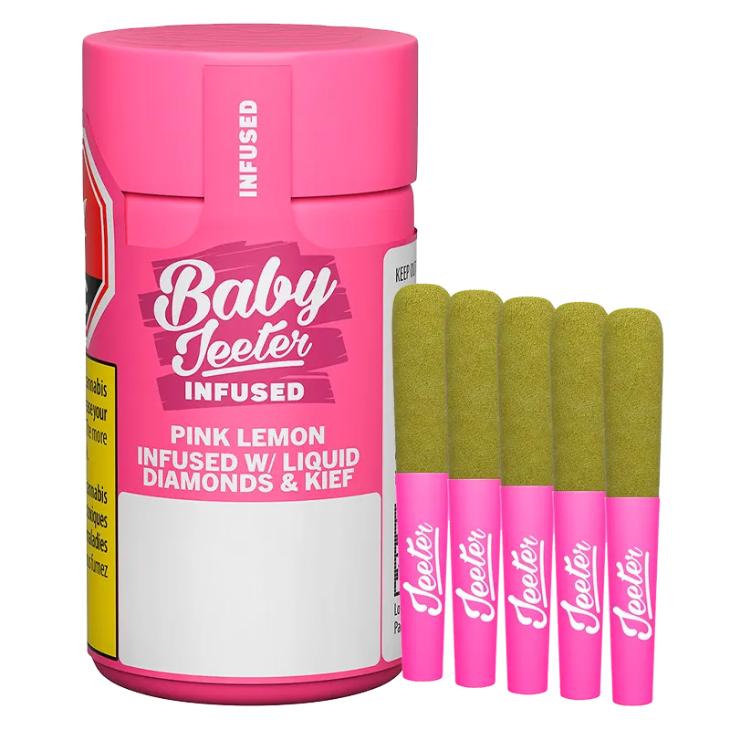 Three-quarter frontal view of a bright pink Baby Jeeter Pink Lemon Infused PR 5 x 0.5 g container with five matching pink‑wrapped pre-rolls standing beside it.