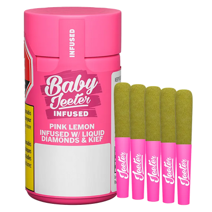 Three-quarter frontal view of a bright pink Baby Jeeter Pink Lemon Infused PR 5 x 0.5 g container with five matching pink‑wrapped pre-rolls standing beside it.
