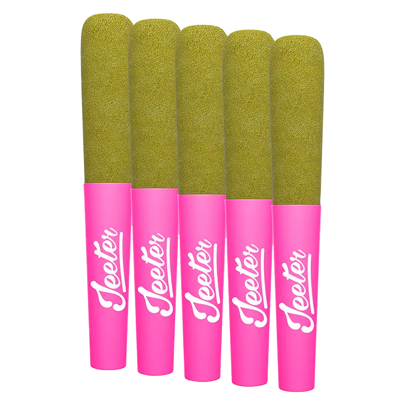 Row of five upright Baby Jeeter Pink Lemon Infused PR 5 x 0.5 g pre-rolls with pink branded tips and textured greenish lemon-filled tops on a white background