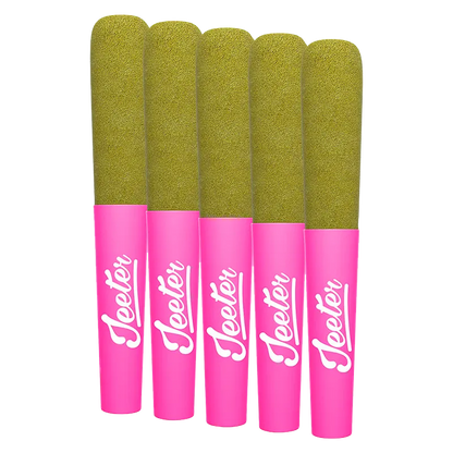Row of five upright Baby Jeeter Pink Lemon Infused PR 5 x 0.5 g pre-rolls with pink branded tips and textured greenish lemon-filled tops on a white background