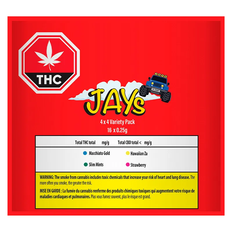 Centered front view of the red packaging for Variety Pack Infused PR 16 x 0.25 g featuring a yellow "JAYS" logo, THC octagon, and a blue toy truck.