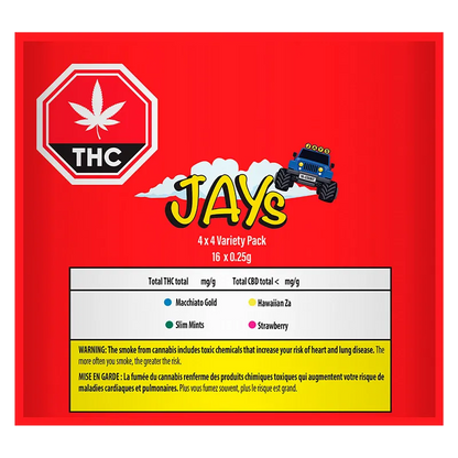 Centered front view of the red packaging for Variety Pack Infused PR 16 x 0.25 g featuring a yellow "JAYS" logo, THC octagon, and a blue toy truck.