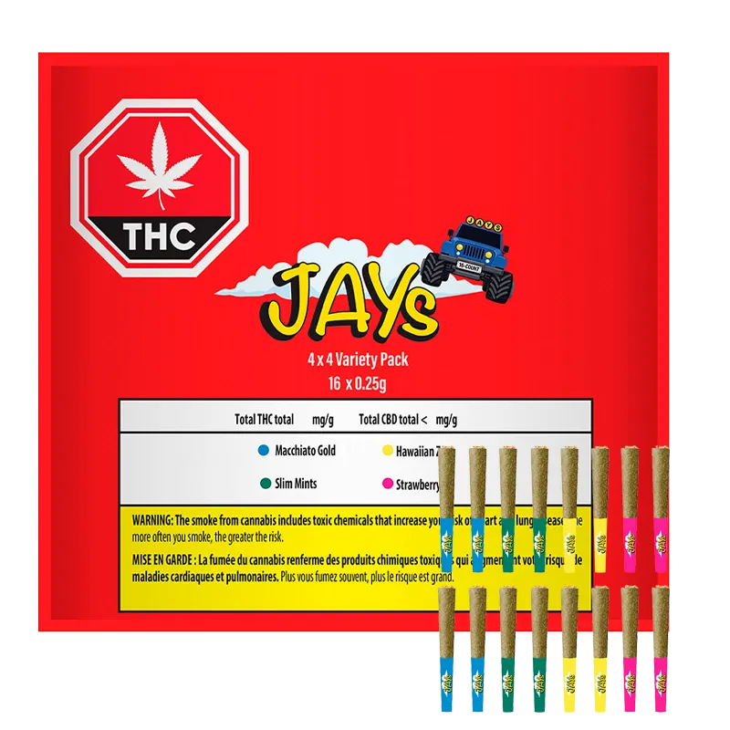 Front-facing view of the red Jay's Variety Pack Infused PR 16 x 0.25 g box with colorful pre-rolls lined up at the lower right.