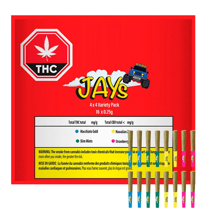 Front-facing view of the red Jay's Variety Pack Infused PR 16 x 0.25 g box with colorful pre-rolls lined up at the lower right.