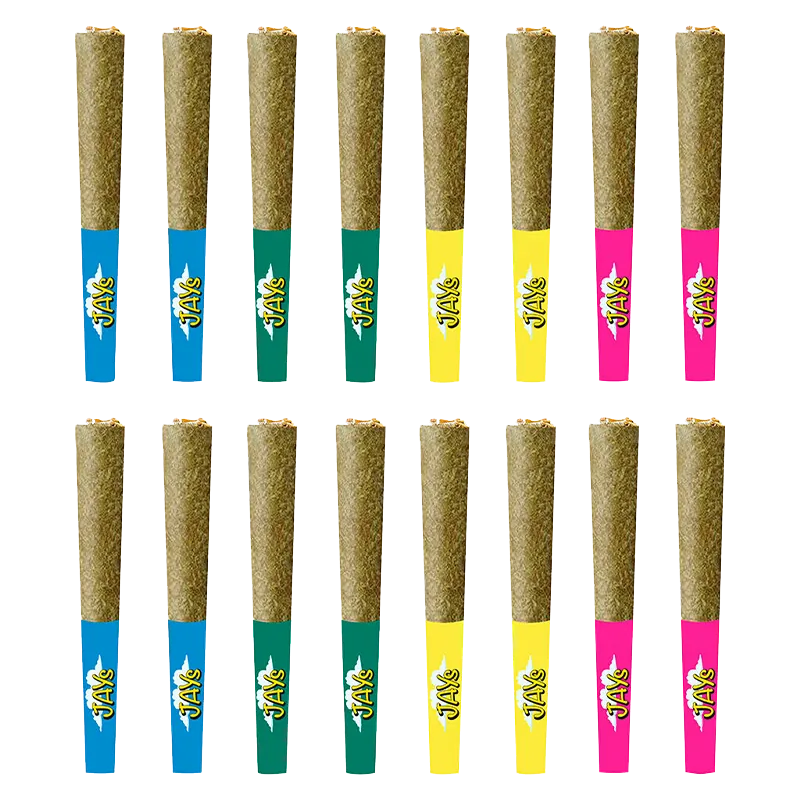 Top-down grid of 16 rolled cones with colored tips in blue, green, yellow, and pink showing the Variety Pack Infused PR 16 x 0.25 g.
