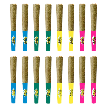 Top-down grid of 16 rolled cones with colored tips in blue, green, yellow, and pink showing the Variety Pack Infused PR 16 x 0.25 g.
