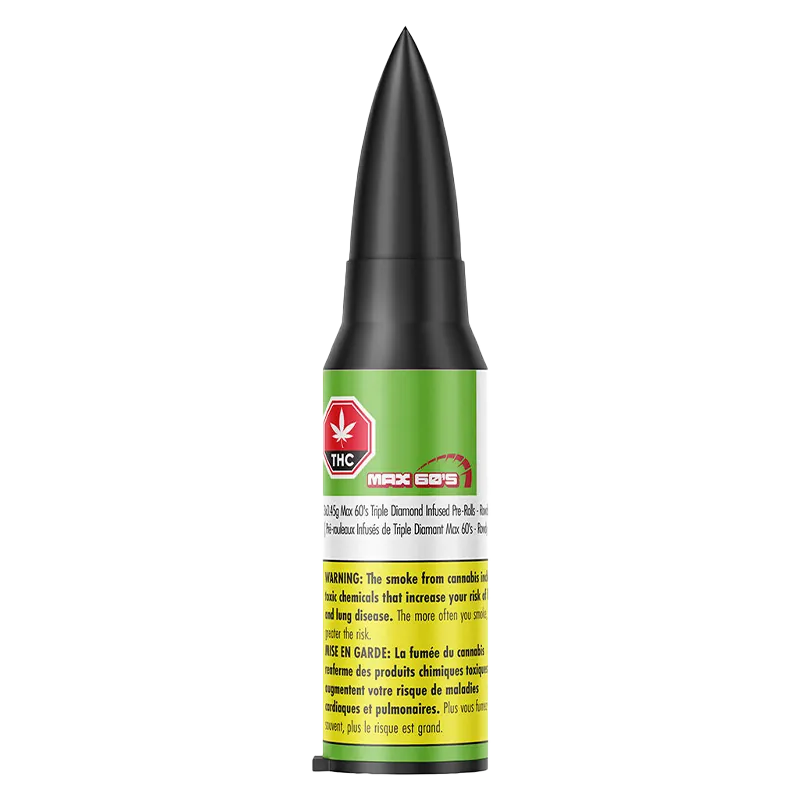 Front-facing product shot of the black-tipped green canister labeled Max 60'S Rowdy Infused PR 3 x 0.45 g with warning text visible at the base