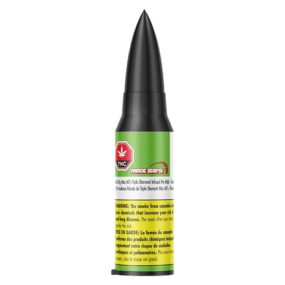 Front-facing product shot of the black-tipped green canister labeled Max 60'S Rowdy Infused PR 3 x 0.45 g with warning text visible at the base