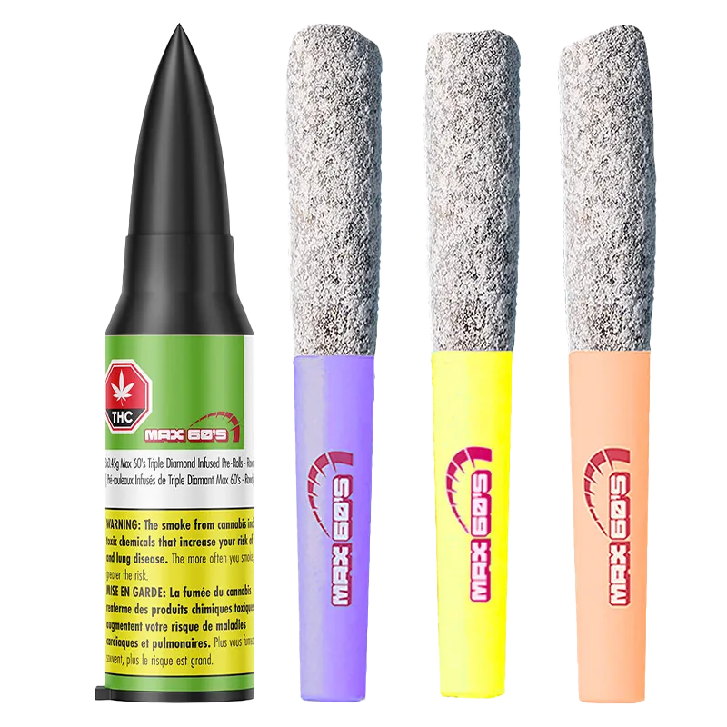 Studio-lit front view of Max 60'S Rowdy Infused PR 3 x 0.45 g showing a black-tipped green canister beside three powder-coated pre-rolls in purple, yellow, and peach.