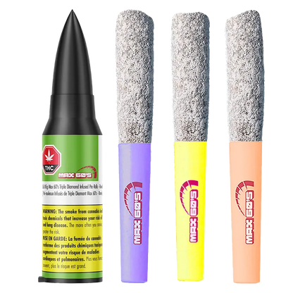 Studio-lit front view of Max 60'S Rowdy Infused PR 3 x 0.45 g showing a black-tipped green canister beside three powder-coated pre-rolls in purple, yellow, and peach.