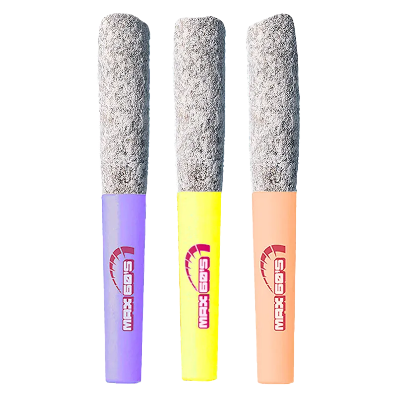 Front-facing trio of cone-shaped sticks with gray ash tips and pastel purple, yellow, and peach filters labeled "Max 60'S Rowdy Infused PR 3 x 0.45 g."