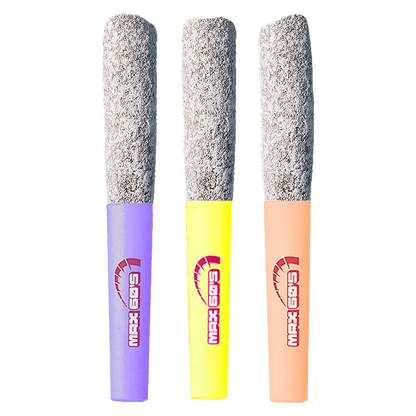 Front-facing trio of cone-shaped sticks with gray ash tips and pastel purple, yellow, and peach filters labeled "Max 60'S Rowdy Infused PR 3 x 0.45 g."